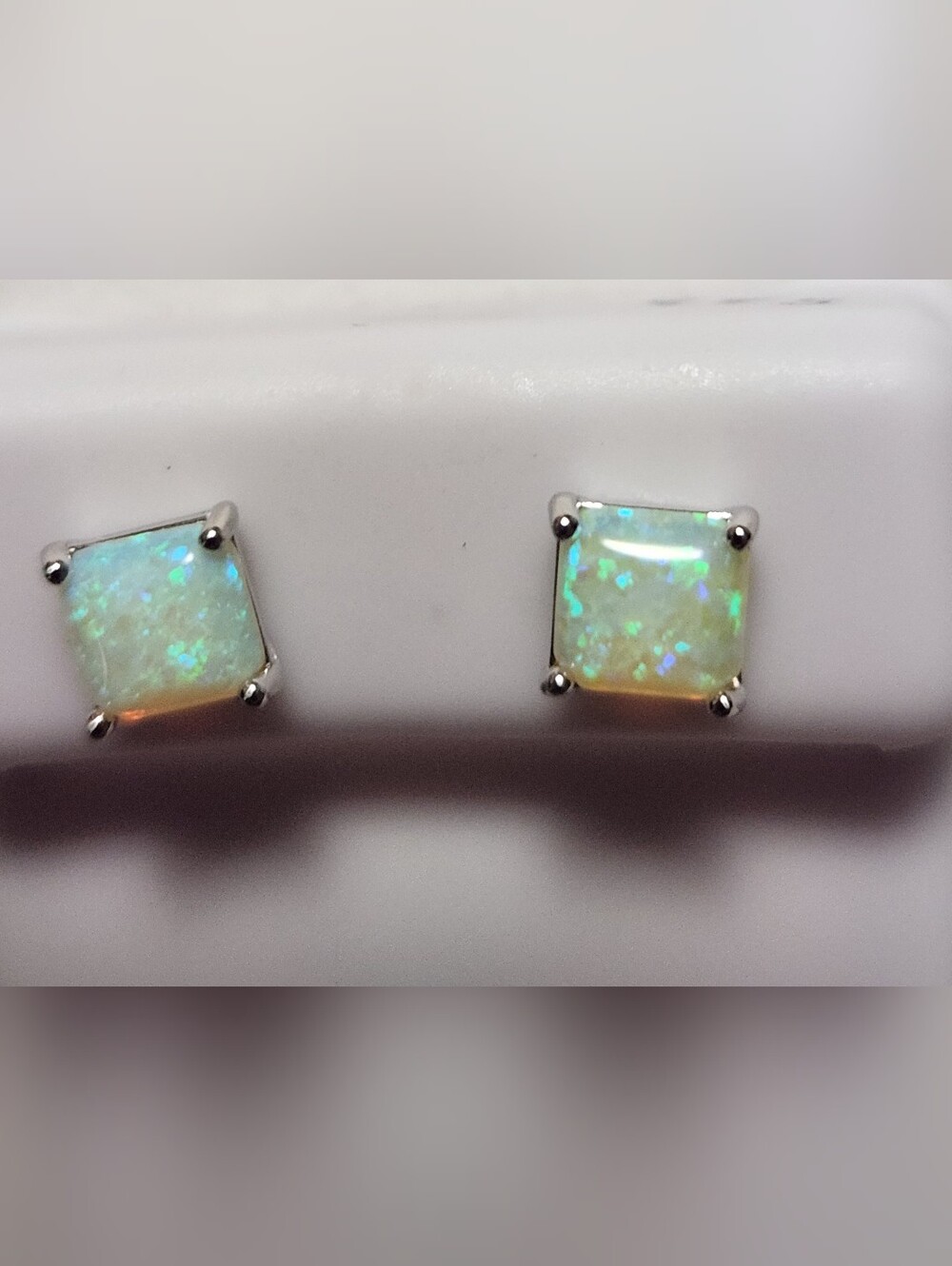 MOISSANITE WGITE NATURAL OPAL, PRINCESS CUT EARRING, PURE STERLING SILVER 925 - Picture 2 of 9